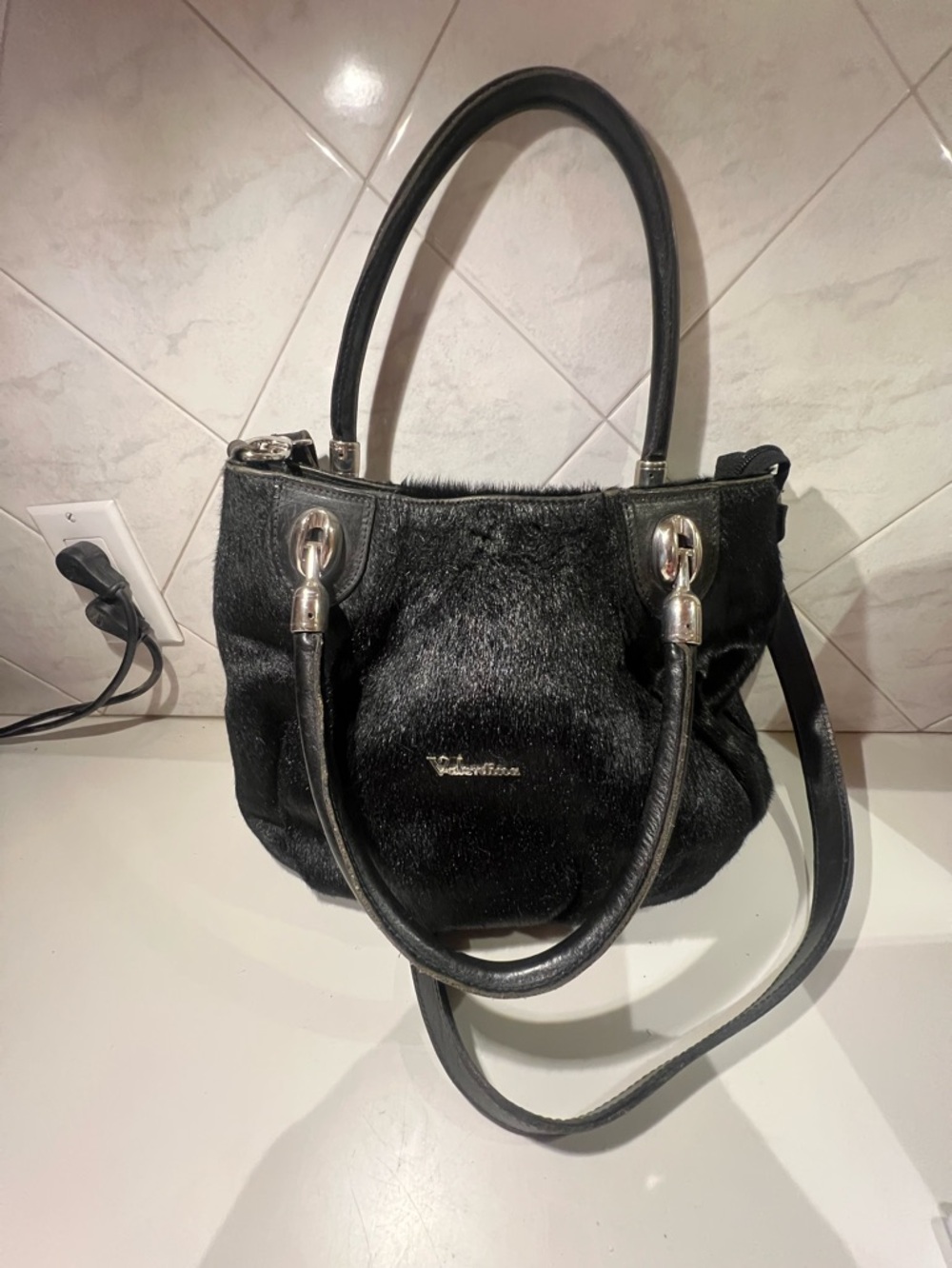 Black Valentina Genuine Cow Fur Women's Shoulder Bag with Double Handles